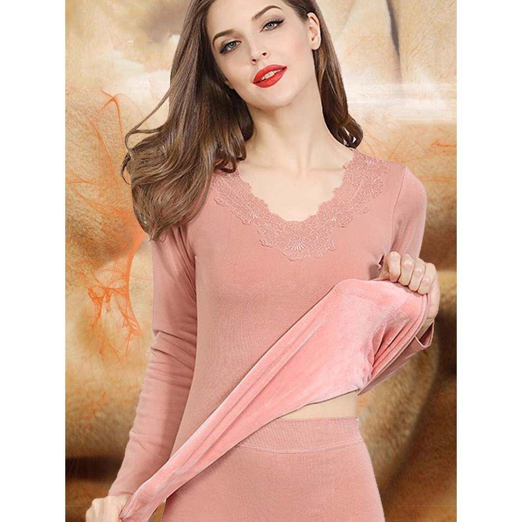 冬季保暖内衣女加绒加厚美体紧身显瘦V领无痕秋衣秋裤棉毛衫套装