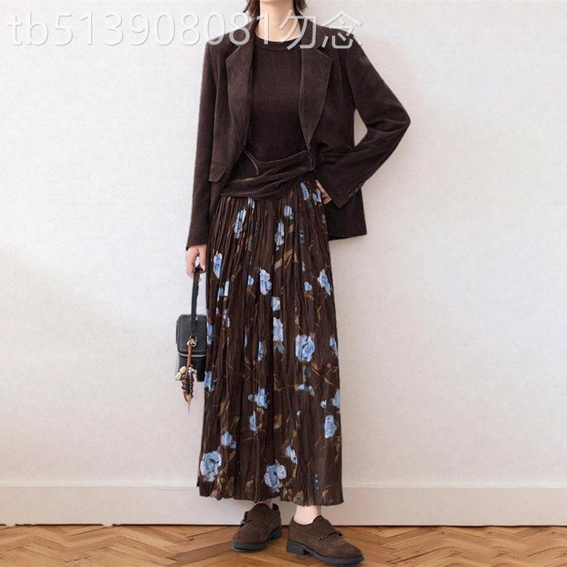 潮牌复古山茶花半身裙女2025秋季褶皱百褶裙中长款a字裙休闲长裙