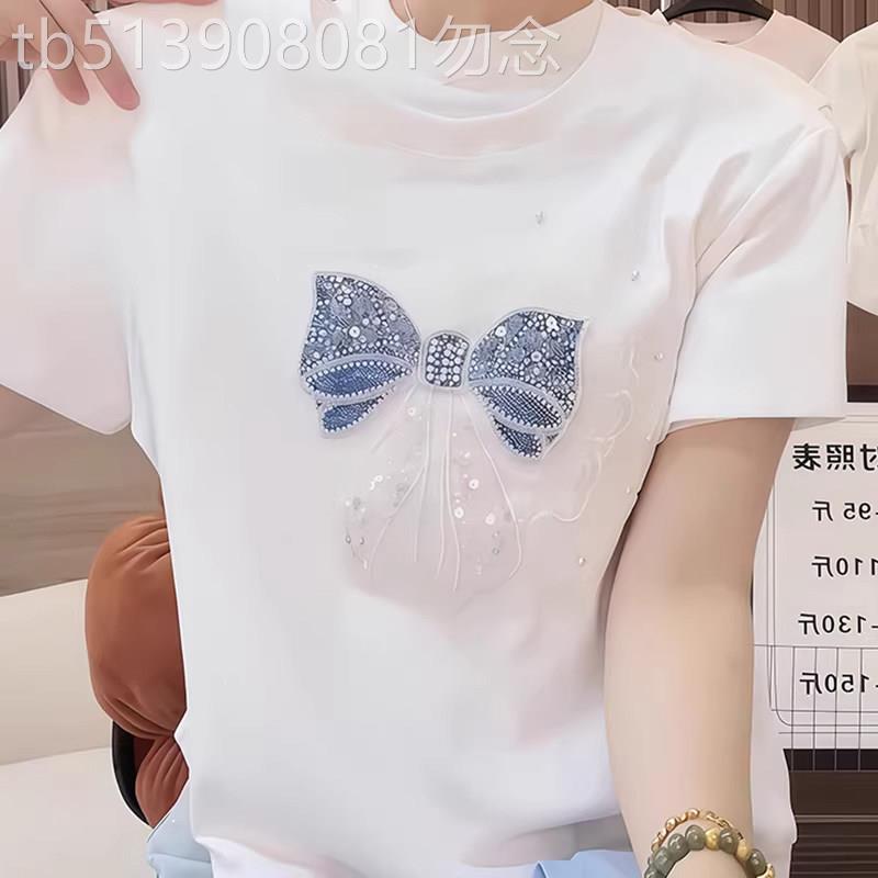 白色蝴蝶结纯棉短袖t恤女夏季薄2026新款设计感正肩半袖T恤上衣