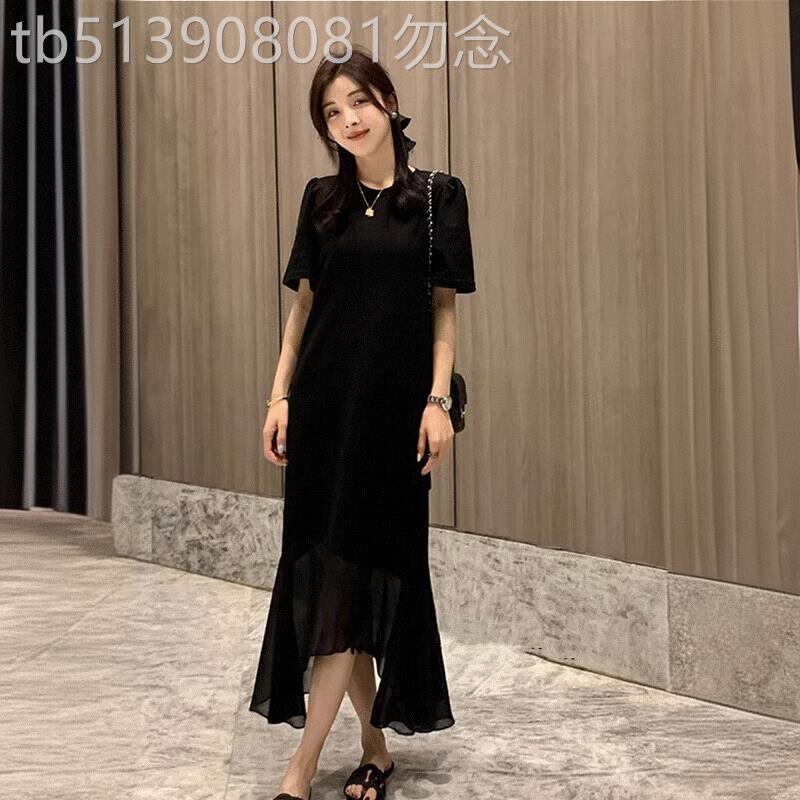 法式气质拼接短袖连衣裙女2026夏季新款宽松显瘦不规则鱼尾长裙子