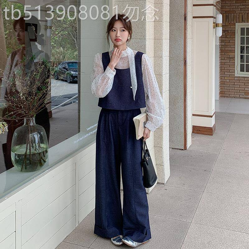 深蓝色韩系穿搭套装女2026新款春季气质波点上衣背心阔腿裤三件套