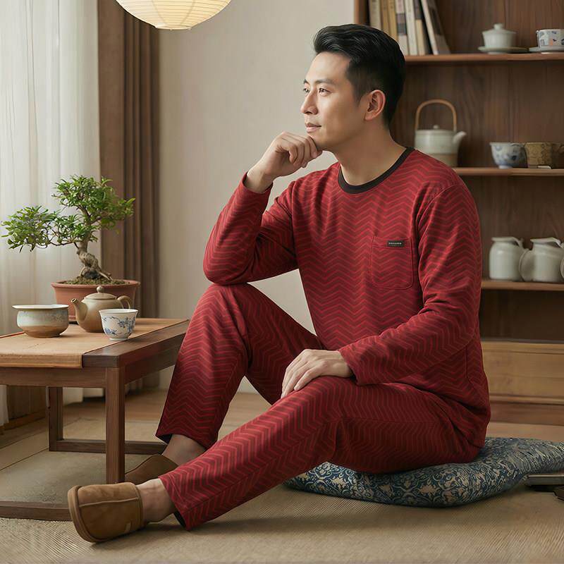 高端品牌2026马年睡衣男士春秋款秋季纯棉长袖红色圆领家居服套装