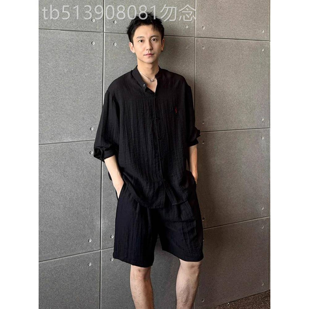 时尚品牌老钱风格棉麻夏季男士套装,宽松高端绣花短袖衬衫及短裤