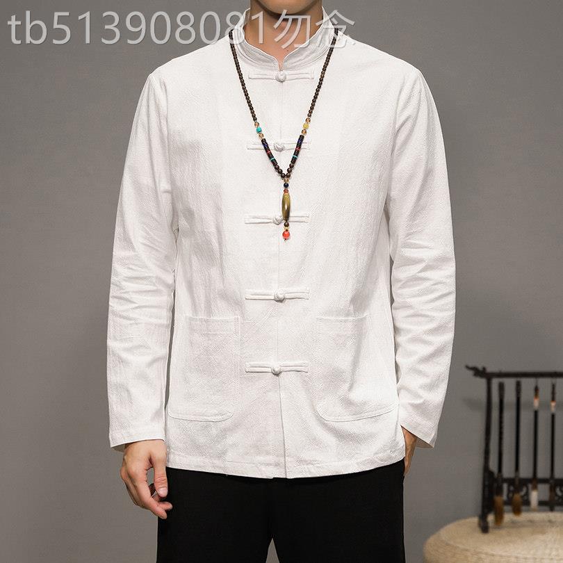 中国风亚麻长袖衬衫男士春秋季汉服唐装外套中式练功服覆古衬衣潮