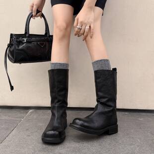 慕尼黑夜~高级感复古真皮圆头粗跟中筒靴女百搭宽筒骑士靴秋冬季