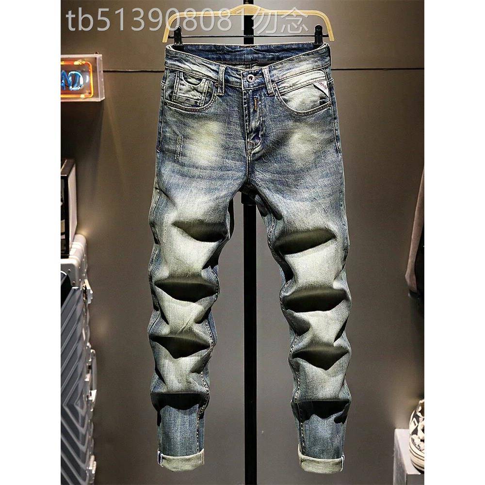 潮牌复古牛仔裤男欧美夏季破洞修补程式修身小脚个性做旧青年潮流