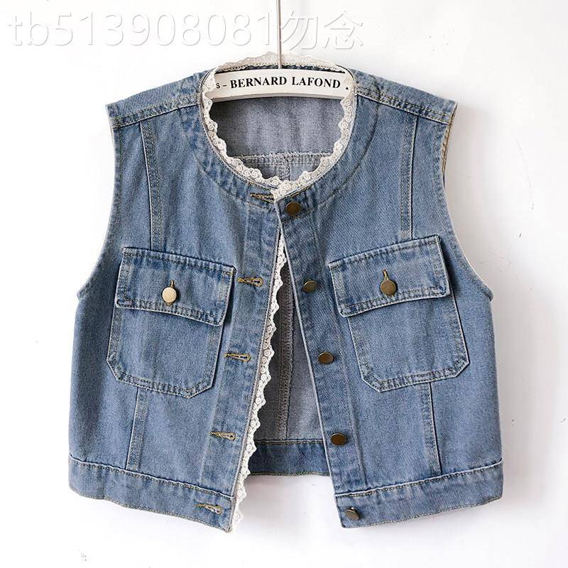 潮牌复古蕾丝边圆领牛仔马甲女秋季2025年新款百搭无袖背心背心