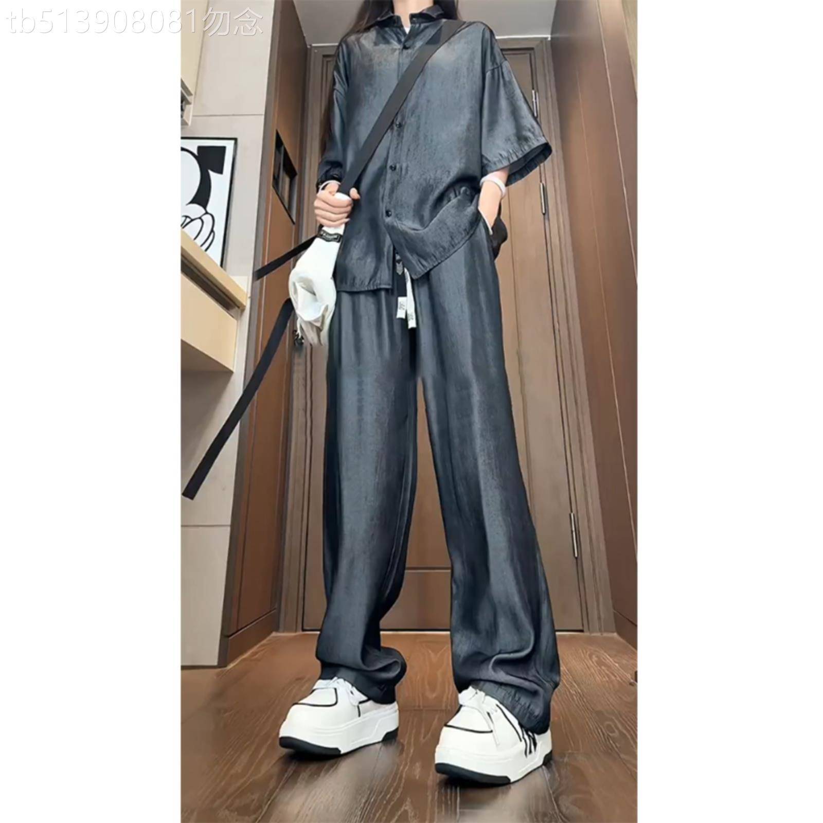 冰丝休闲套装男士夏季薄款缎面垂感衬衫短袖长裤子痞帅男装两件套