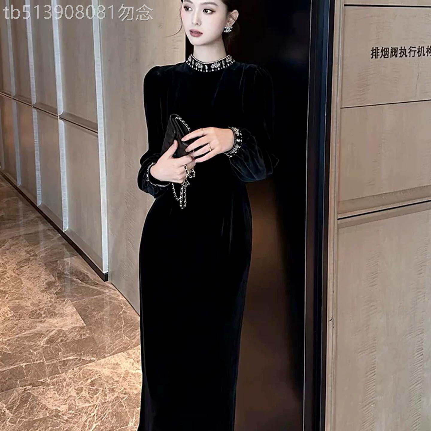 欧洲站2026秋冬季赫本风气质丝绒连衣裙轻奢高级感显瘦黑色小礼服