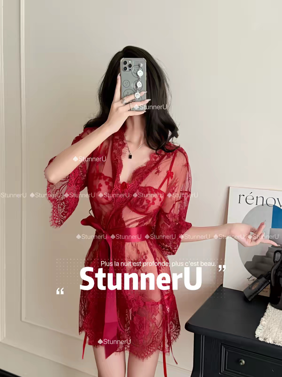 性感睡袍女蕾丝透视七分袖欧美风诱惑宽松短款睡衣外袍居家服套装