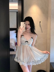 冰蓝泡芙性感蕾丝网纱睡裙夏季纯欲风吊带睡衣女高级感家居服战袍