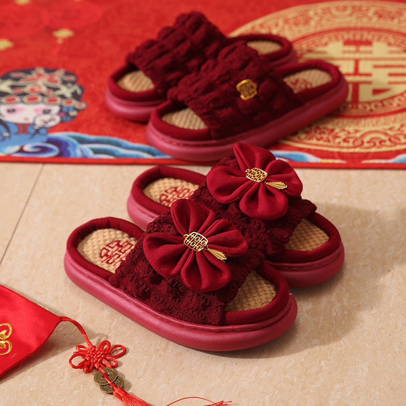 拖鞋结婚夏季红色一对情侣喜拖鞋高级感轻奢晨袍女新婚喜庆情侣款