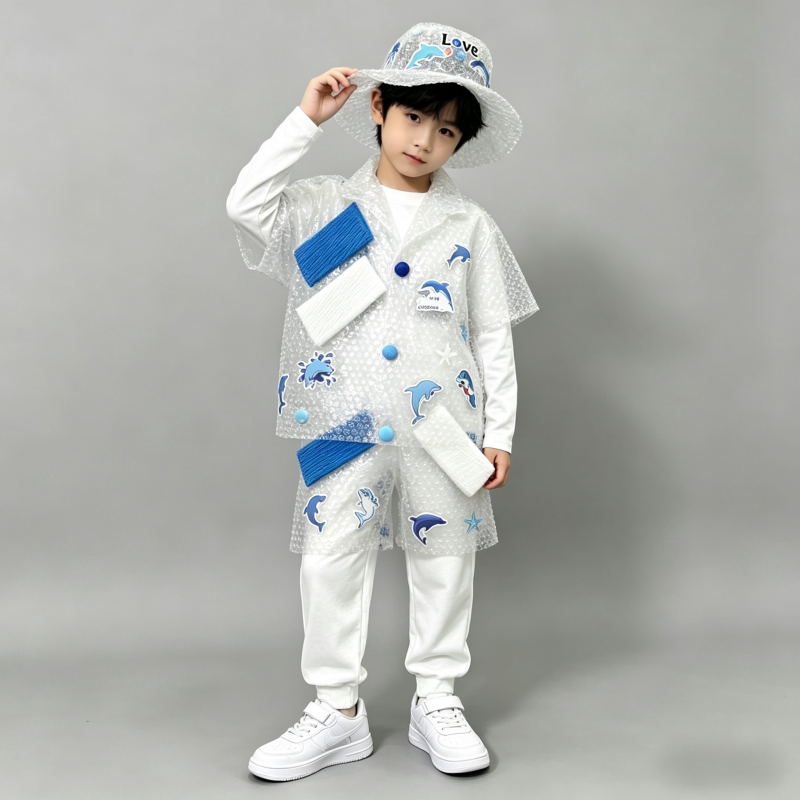 男童环保时装秀儿童服装幼儿园走秀手工diy创意海洋主题环保衣服