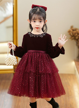 2025裙子童装新年裙加绒冬季洋气网纱连衣裙女童秋冬红色儿童公主