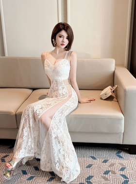 2025新款白色蕾丝网纱拼接透视长礼服夜场性感修身包臀鱼尾连
