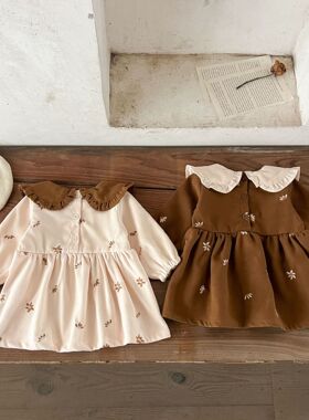 2026ins韩版女童宝宝纯棉满绣撞色翻领连衣裙婴幼童春秋季休闲连