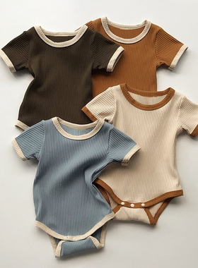 ins复古风格 宝宝春夏薄款纯棉包屁衣婴幼儿坑条撞色三角哈衣爬