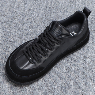 时尚歪头男鞋皮包底轻奢百搭厚底男士休闲板鞋真皮系带黑色鞋子男