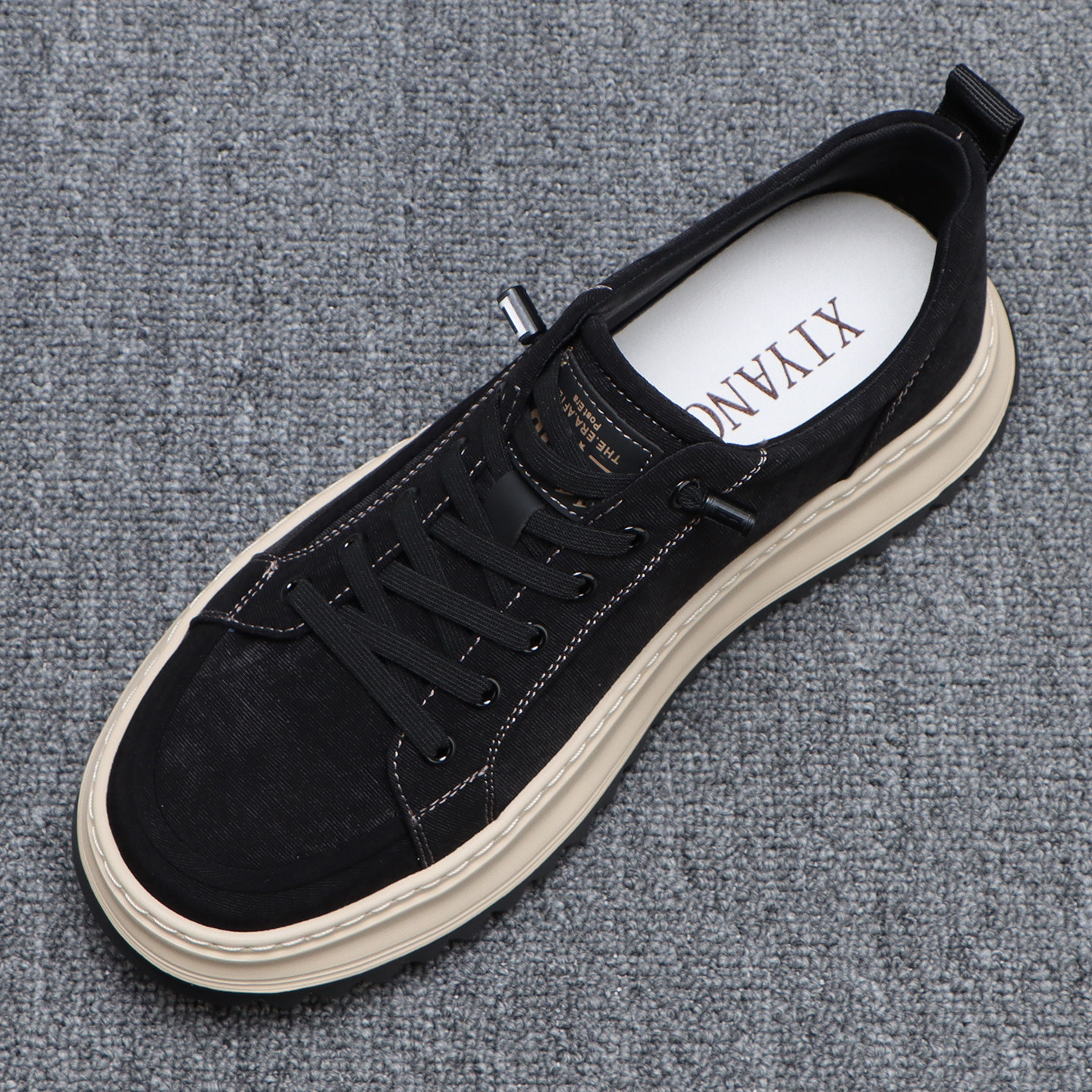 黑色透气布鞋男夏季轻便户外免系带工装板鞋男厚底增高男士休闲鞋