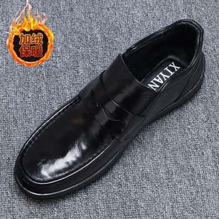 一脚蹬男鞋冬季保暖高帮休闲皮鞋男士潮流百搭软底真皮加绒棉皮鞋