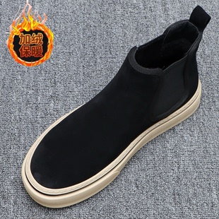 休闲高帮皮鞋男款冬季加绒保暖翻毛皮男鞋日常百搭一脚蹬切尔西靴