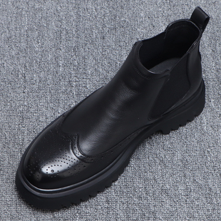 男士切尔西靴冬季英伦百搭厚底高帮皮鞋一脚蹬布洛克雕花真皮短靴