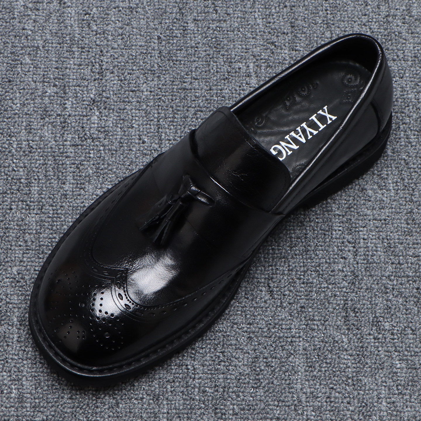 高档增高厚底乐福鞋男透气百搭一脚蹬流苏布洛克雕花真皮男士皮鞋