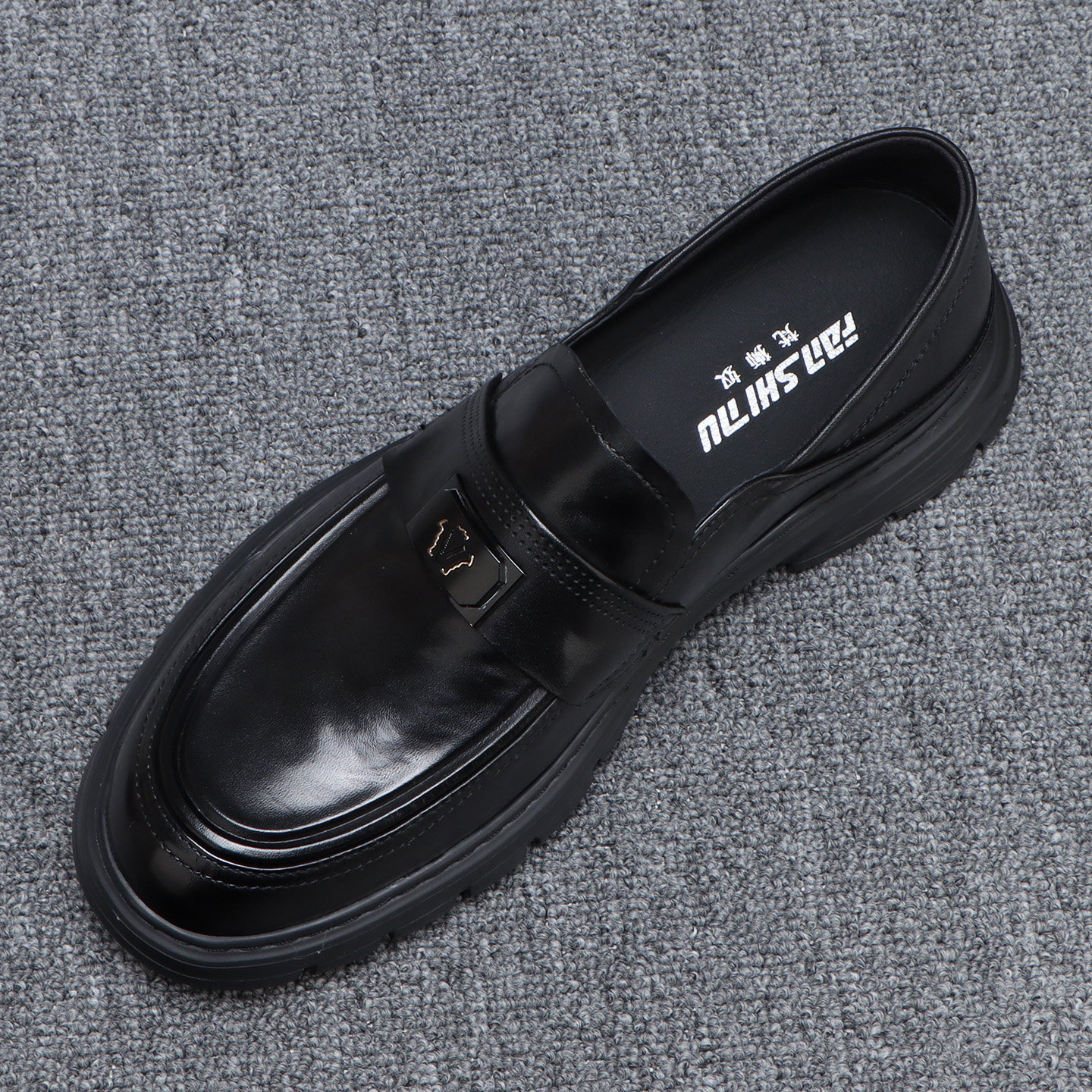 厚底商务休闲皮鞋男款夏季真皮透气一脚蹬乐福鞋黑色百搭高端男鞋