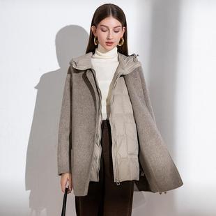 南有蔷薇双面羊毛大衣羽绒马甲两件套女高级感连帽保暖毛呢外套