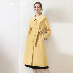 南有蔷薇黄色娃娃领双面羊绒大衣中长款收腰系带毛呢外套女高级感
