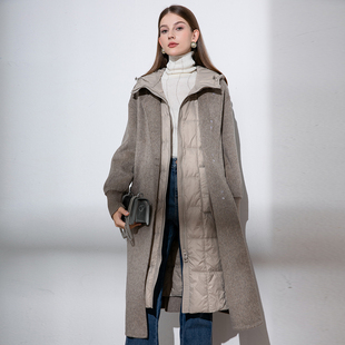 南有蔷薇双面羊毛大衣女羽绒马甲两件套秋冬加厚毛呢连帽保暖外套