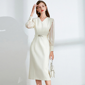 高端精致气质V领连衣裙秋冬高定拼接欧根纱正式 场合显瘦中长裙