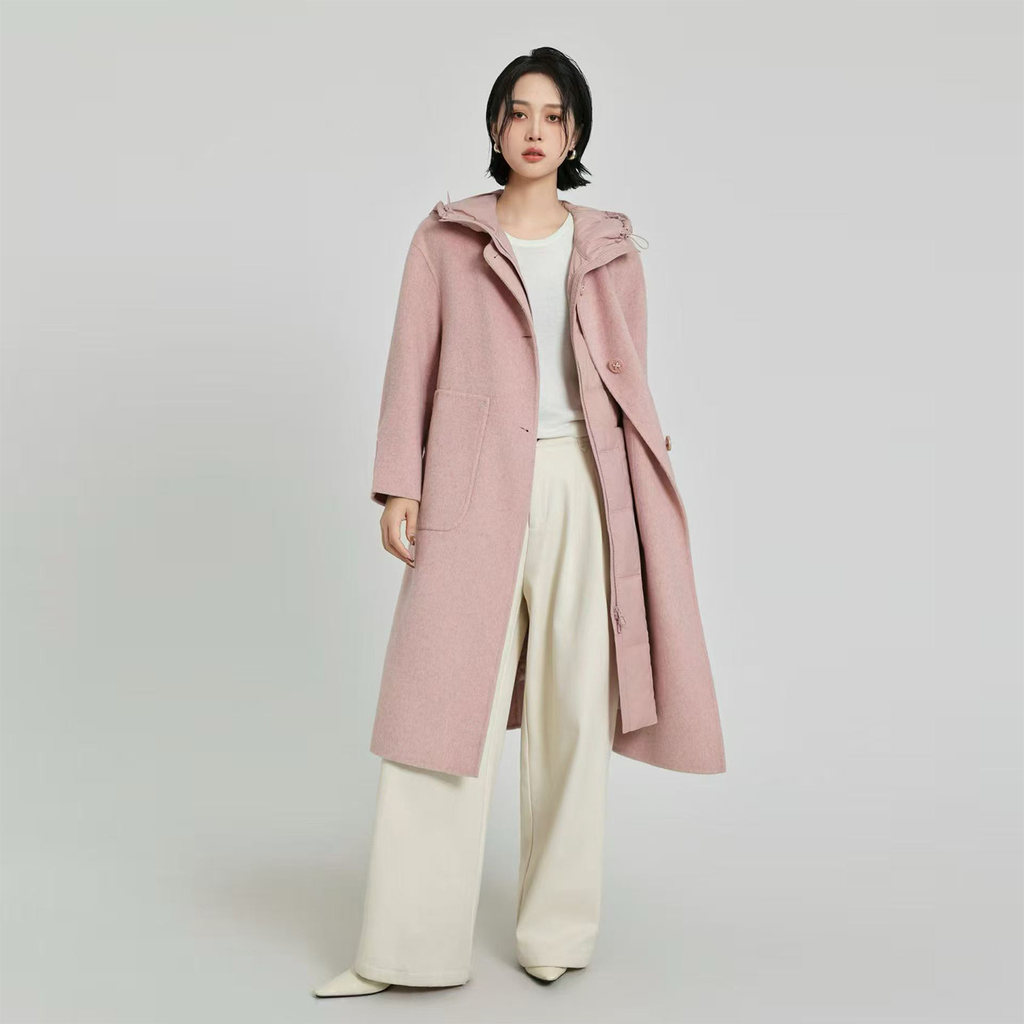 粉色双面羊毛大衣女冬季新款