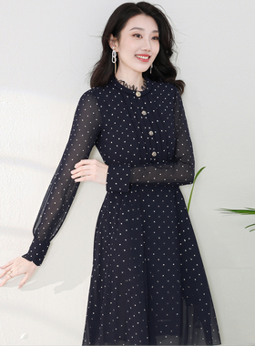珂莱商场同款26春新款优雅通勤波点印花长袖显瘦连衣裙 KF12426P7