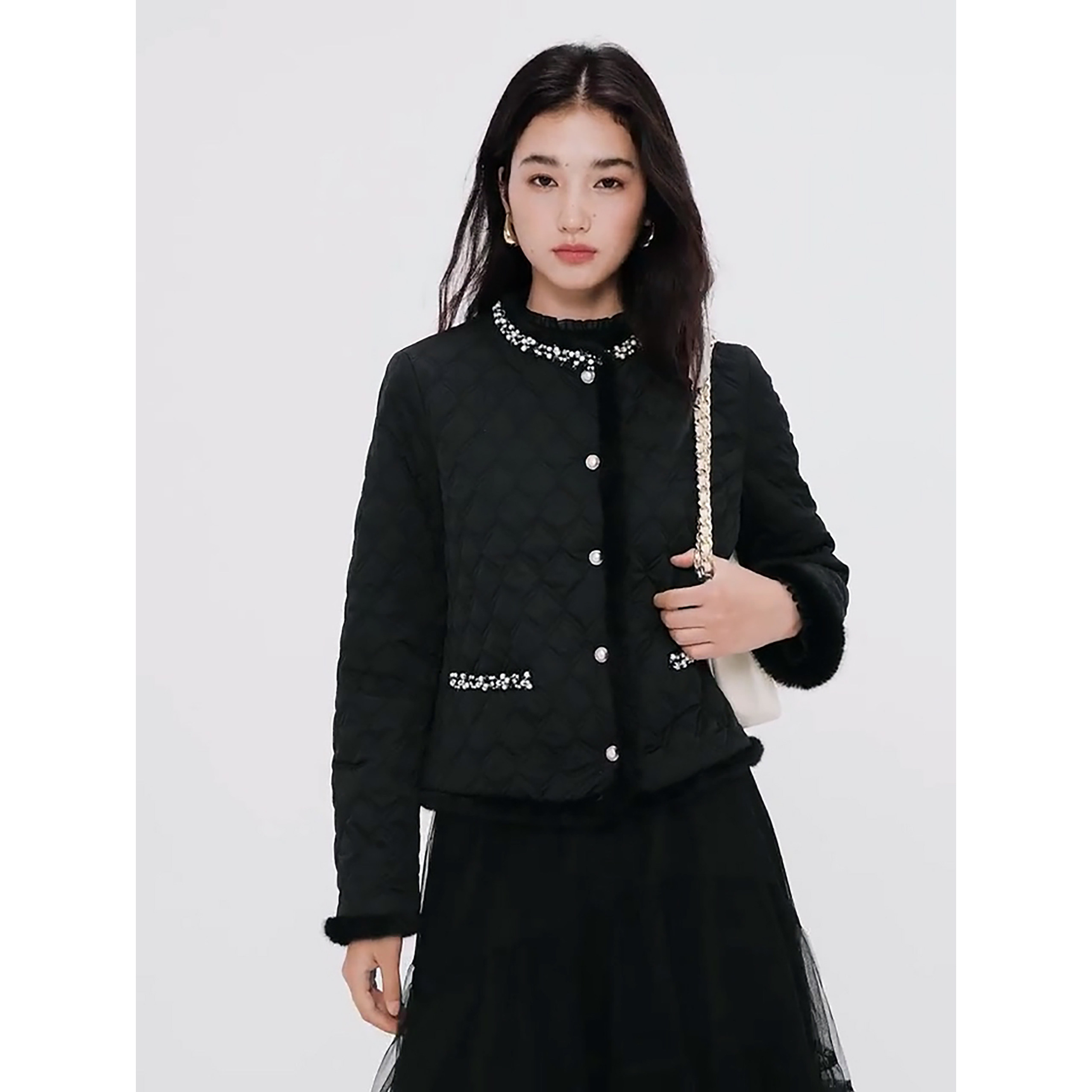 珂莱商场同款25冬新菱格棉服女气质短款圆领外套棉衣 KQ00102W0