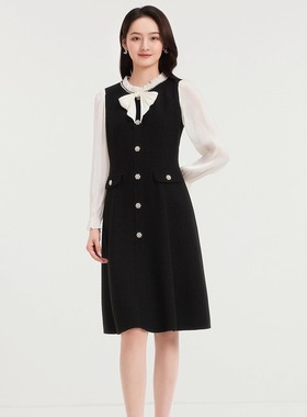 珂莱商场同款2025秋冬季新款黑色小香风拼接连衣裙子女 KF12462W0