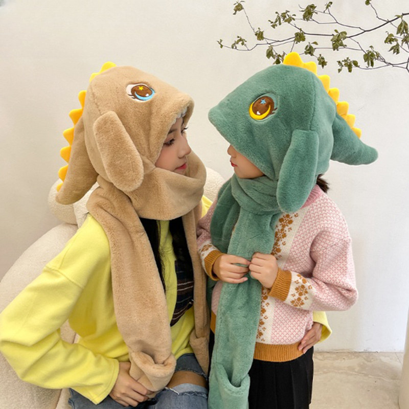 耳朵会动恐龙帽子女冬天可爱毛绒围脖围巾手套连帽一体秋冬季保暖