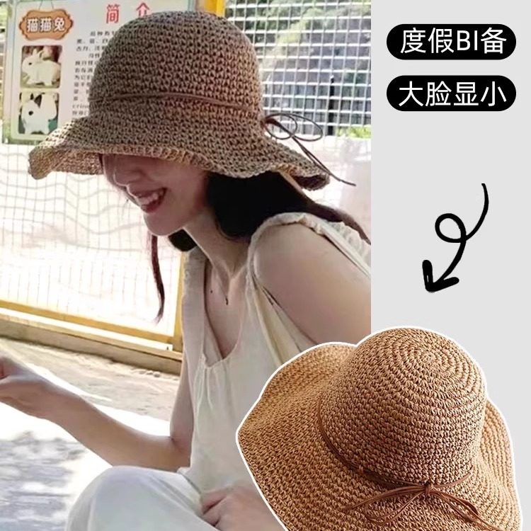 度假风沙滩渔夫帽大檐蝴蝶结编织