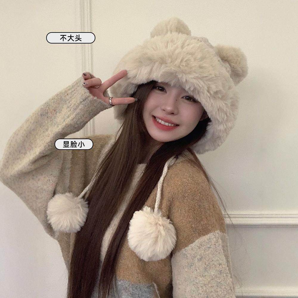 毛绒雷锋帽女秋冬季可爱加绒厚毛线针织骑车护耳防寒保暖套头帽子