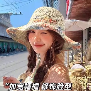 彩色編織草帽女夏季 海邊度假遮陽(yáng)防曬帽透氣鏤空大帽檐顯臉小帽子