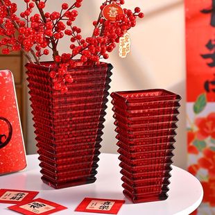 新年插花水培百合玻璃花瓶大红轻奢大口径宽口中式客厅家用高颜值