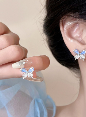 三三九S925银针蓝色高级感锆石蝴蝶耳钉女ins韩系精致耳环耳饰潮