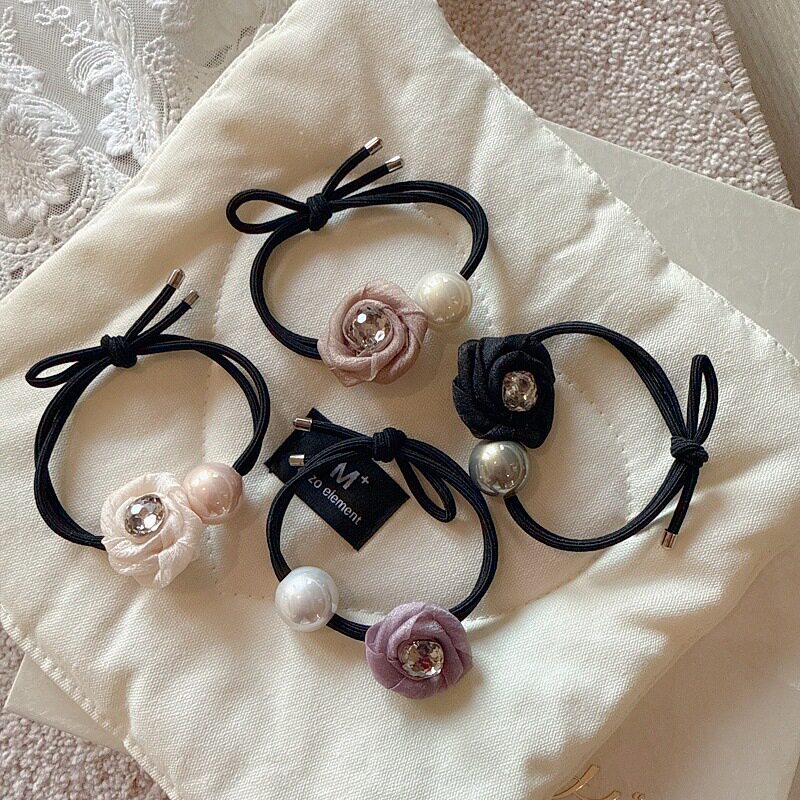 新款气质复古网纱镶钻头绳高弹力珍珠皮筋扎头发精致马尾花朵发绳