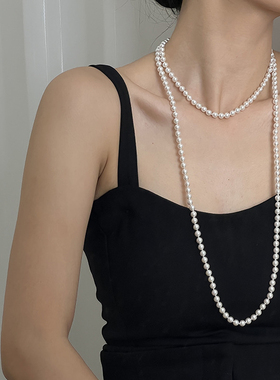 8MM经典120CM强光正圆施家珍珠项链女轻奢小众气质长款网红毛衣链