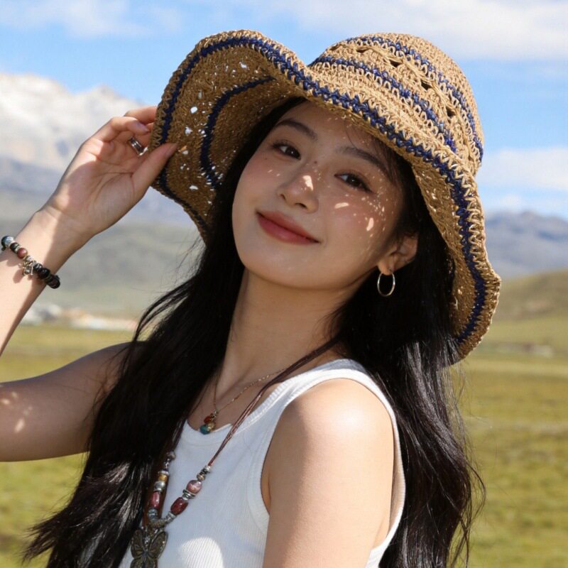 时尚夹色镂空遮阳帽子女夏显脸小