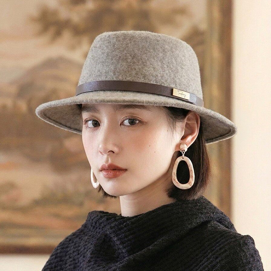 女士羊毛礼帽秋冬复古爵士帽皮带