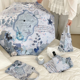 高级感ins碎花蝴蝶黑胶防晒晴雨伞两用折叠太阳伞便携遮阳伞女生