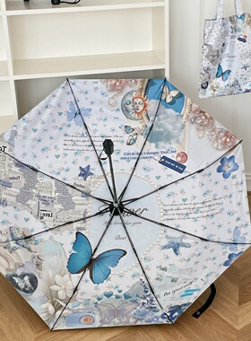 ins蓝色碎花太阳伞自动防晒晴雨伞女晴雨两用黑胶折叠便携遮阳伞
