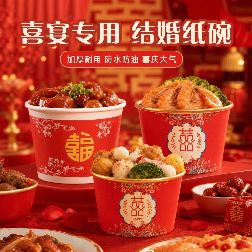 加厚纸碗结婚饺子盒一次性碗婚宴餐具用品婚庆纸杯子喜碗筷子红碗