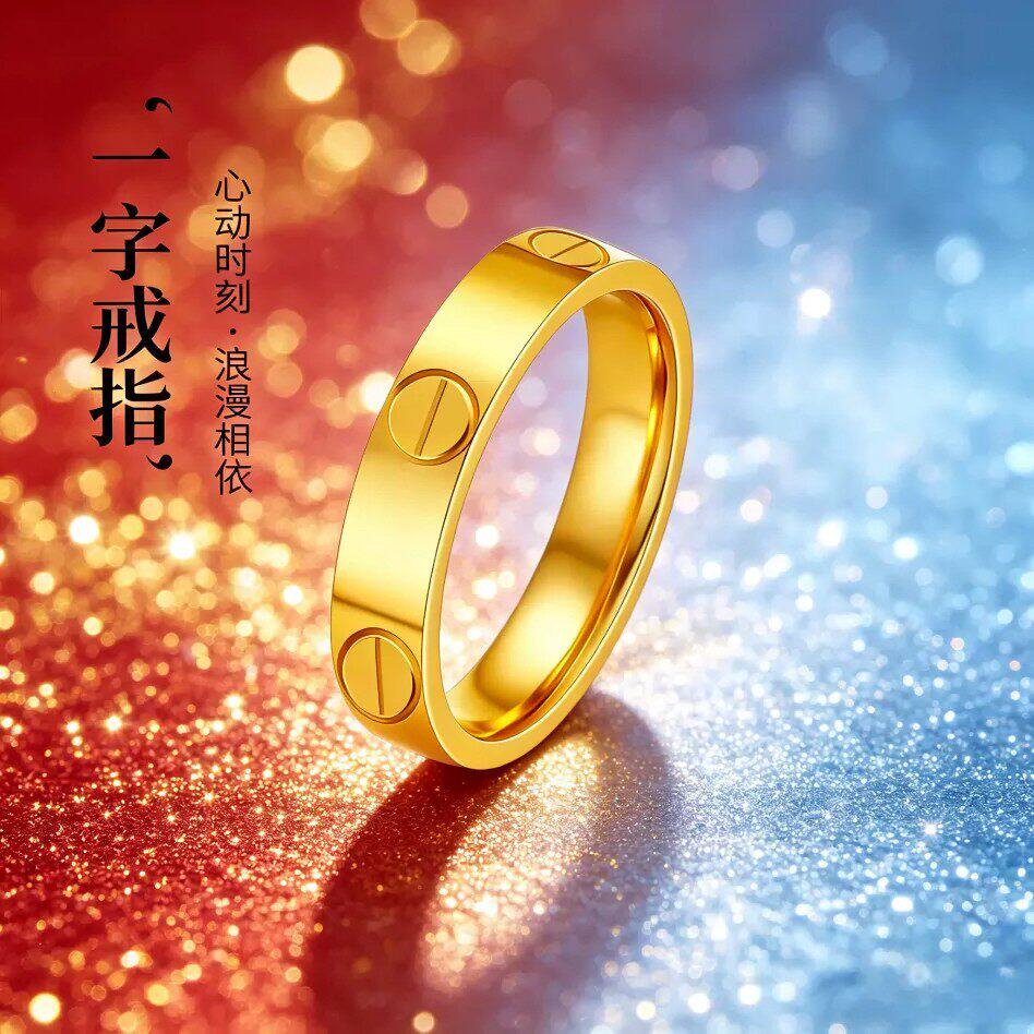 一字戒指LOVE金包银素圈指环情侣款男女对戒送女友老婆创意礼盒